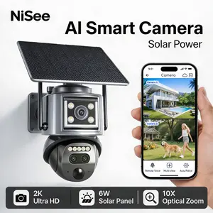 NiSee Triple-Lens Linkage Solar-Powered 4G Security Camera,10x Zoom,2K HD 360° View Pan,AI Motion Detection,Two-Way Audio,Color Night Vision,Waterproof,Outdoor Security Cctv Lens