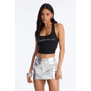 Bridesmaid Rhinestones Ribbed Tank Top - Black