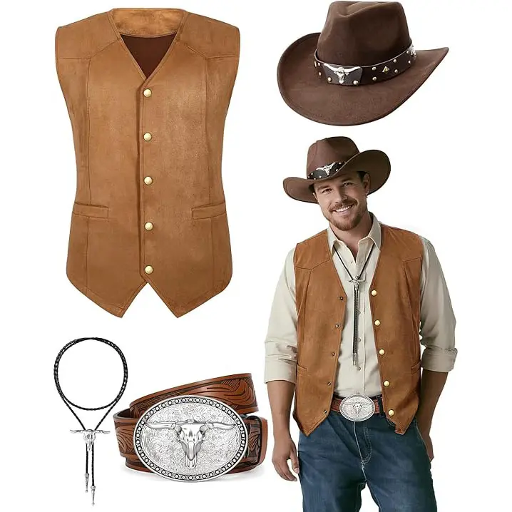 BELTROAD Men's Western Cowboy Costume, 4-Piece Set Including Vest, Hat, Belt & Bolo Tie for Parties & Halloween Ideas, Costume Ideas, Party