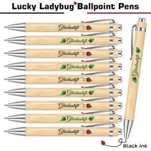 10pcs Glücksstift Lucky Ladybug Bamboo Ballpoint Pens, Black Ink Retractable Bamboo Pens, German Lucky Pen for Gifts, Office, School Supplies Bulk Set Graduation Gifts