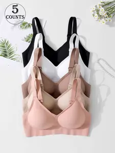 5 pieces/6 colors, Seamless and without steel rings, Underwire-free bra, Lingerie, Four rows three buttons, XS-XL size, Adjustable shoulder straps for movement, for ladies, casual daily wear, parties, yoga, Comfortable, breathable, skin-friendly