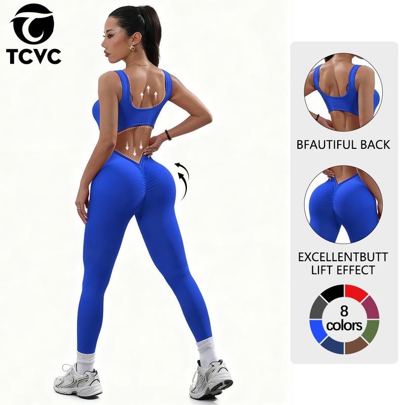TCVC Women's U-Neck Sports Set - High Elasticity Quick-Dry Seamless Jumpsuit for Yoga Gym Exercise - Comfortable Breathable Two-Piece Athletic Wear