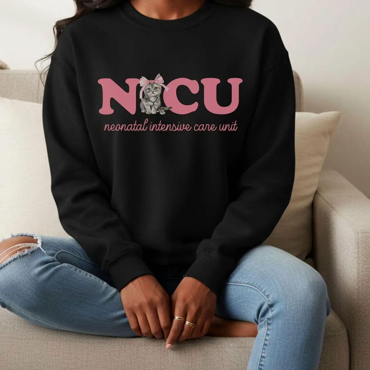 NICU Nurse Cat Sweatshirt, Neonatal Intensive Care Kitten Stethoscope Tee 6