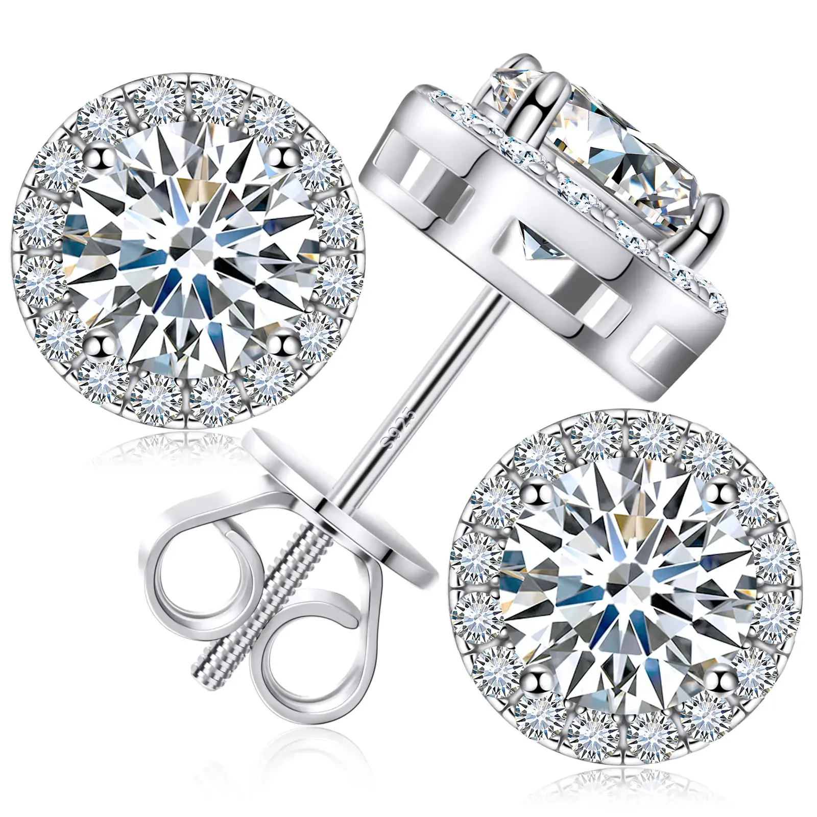Minimal Luxury Iced Out Bling Moissanite Stud Earrings, S925 Sterling Silver Hypoallergenic Unisex Earrings for Men Women, 4 Sizes 0.3ct/0.5ct/1ct/2ct w/ Authentic Certificate, Ideal Back‑to‑School, Club Party Daily , Birthday Anniversary Holiday Gifts