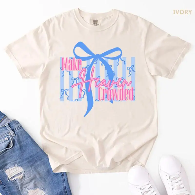Comfort Colors Make Heaven Crowded Bow T-shirt, Cute Coquette Christian Aesthetic Shirt, Preppy Religious Jesus Crewneck Top