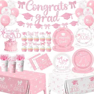 2026 Graduation Party Decorations Serve 24, Pink Bow Class of 2026 Plates and Napkins Cups Banner Tablecloth Cake Topper Balloons Congrats Grad Supplies fo