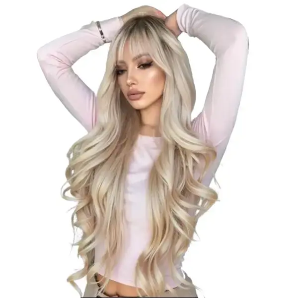 Platinum Blonde Long Curly Wig with Bangs for Women - Natural Appearance, Heat-Resistant Synthetic Hair, Full Head Coverage, Elegant and Versatile Style
