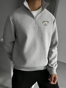 Men's Half-Zip Pullover Sweatshirt with Print Design, Street Fashion Stand Collar, Casual Long Sleeve Fleece Jacket for Spring & Fall, Menswear