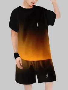 Boys' Gradient Lightning Print Short Sleeve Shorts Set, Summer Casual Sports Two-Piece, Fitted Design, Tee Shorts Set