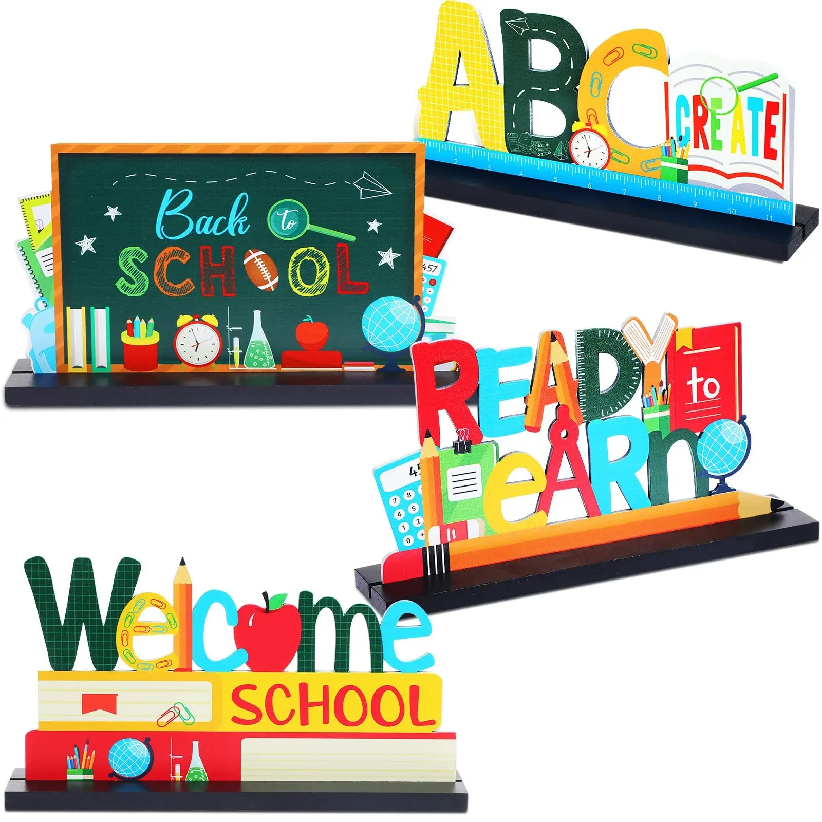 Back-To-School Wooden Table Centerpiece Decorations, 4-Piece Set for Classroom & Home Teacher Party, School Desk Decoration