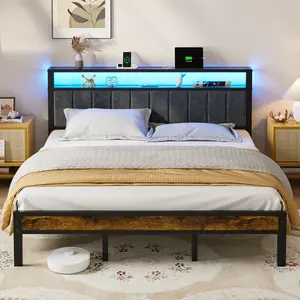 DAYAGO Twin/Full/Queen/King Bed Frame Metal Platform Bed with Headboard, 2-Tier Storage and LED Light, Charging Station Type C & USB Ports, No Box Spring Needed gamer  bed