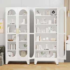 Tall Display Cabinet with Glass Door 61"  71"  75" , 5 Tier Metal Curio Cabinet with 4 Adjustable Shelves, Locking Glass Display Case for Collectibles, Showcase Storage Cabinets for Showroom Clinic, White