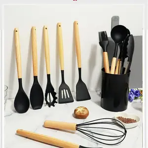Wood Handle Silicone Kitchen Utensils Set of 12, Durable Cooking Tools, Non-Stick Heat Resistant, Perfect for Home & Restaurant Use, Silicone Spatula Set, Kitchen Cooking Accessories, Kitchen Gadgets, Kitchenware