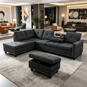 Linen L-Shaped Sectional Sofa Set with Nail-Head Chaise Lounge, oversized furniture Cup Holder and Reversible Coffee Table, Solid Wood Frame Comfy Corner Couch for Living Room, Bedroom