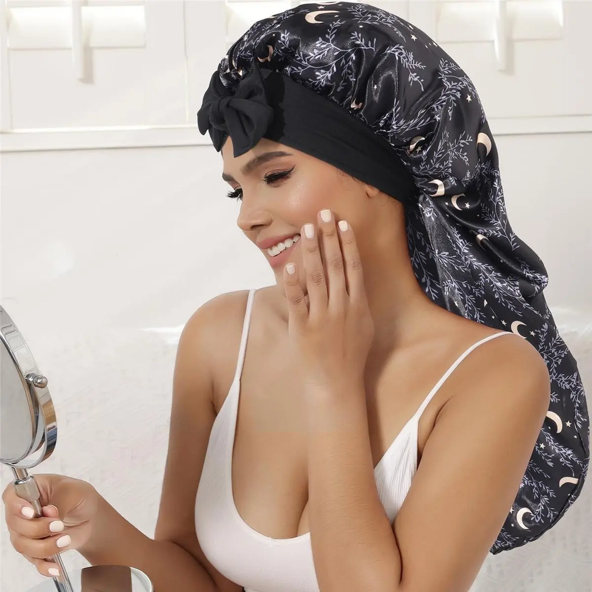 Double Layer Satin Bonnet for Sleeping - Silk Like Texture, Elastic Tie Band, Curly Hair Nightcap, Smooth Haircare, Reusable, 100% Polyester, 55cm Cap Circumference, 94cm Length, 35cm Width, 61cm Rope Length, 6.5cm Rope Width Double Layer Satin Bonnet for Sleeping - Silk Like Texture, Elastic Tie Band, Curly Hair Nightcap, Smooth Haircare, Reusable, 100% Polyester, 55cm Cap Circumference, 94cm Length, 35cm Width, 61cm Rope Length, 6.5cm Rope Width
