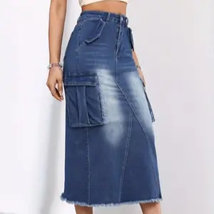 Women's Casual Stretch Mid Rise Long Denim Skirt Women Button Down Mid-Length Streetwear Denim A Line Skirt with Cargo Pocket Womenswear Bottom Basic Minimalist Cotton Fabric Fashion Fit lim Coat
