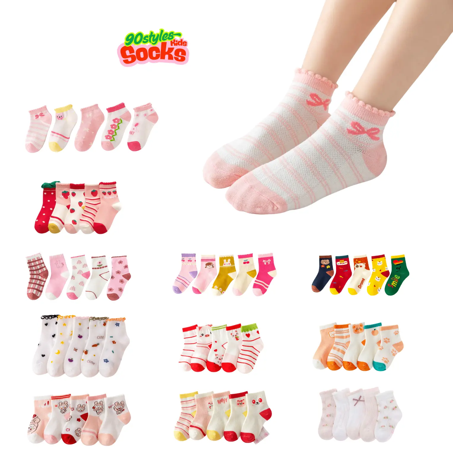 90 Cartoon Designs 5Pairs Girls Socks, Cute Colorful Playful, Soft Breathable Cozy Cotton, Anti-slip for Baby & Toddler Girls, Comfy for Spring & Summ