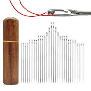 30 PCS Self Threading Sewing Needles, 6 Sizes of Embroidery Needles Side Threading Hand Sewing Needles, with Wooden Needle Case, for Knitting Mending DIY Embroidery Sewing, Handsewing Art Crafts, Sewing Tools