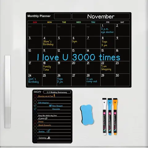 Magnetic Dry Erase Board Calendar Set, Dry Erase Calendar For Wall, Monthly Daily Planner Calendar Black Board Weekly Planner Planning Writing Board for Kitchen Office Home Dormitory School