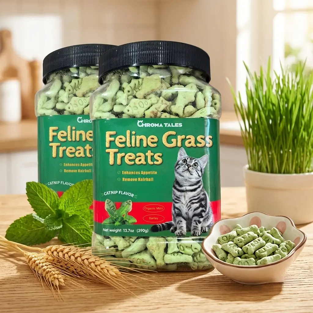CHROMA TALES 2-Pack biscuit catnipCrunchy Salmon & Cat Grass Bites: Indoor Hairball Support, Calming Bonding & Dental Training Snacks with Catnip for All Life Stages (24.7 oz / 700g Total) just try cattreats