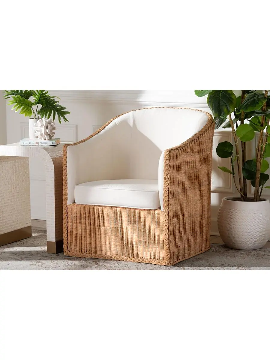 212 MAIN Tessa Bohemian Rattan Arm Chair - Handcrafted Wicker Furniture, Curved Arms, Removable Cushion, Light Honey & White Outdoor Camping Conversation Seating, Upholstered Fabric Chairs