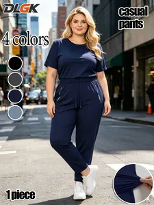 Elastic Fabric Plus Drawstring Waist Loose Fit Sports Pants, Women's Zip Pocket Joggers, Comfortable Casual Pants for Daily Wear