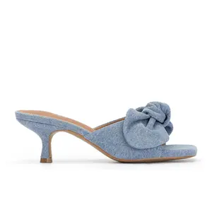 HANNAH Denim Open-Toe Kitty Heel Sandals with Bow