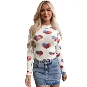 ANTREZIL Women's White Americana Glitter Mesh Long-Sleeve Bodysuit Top, Tops, Longsleeves