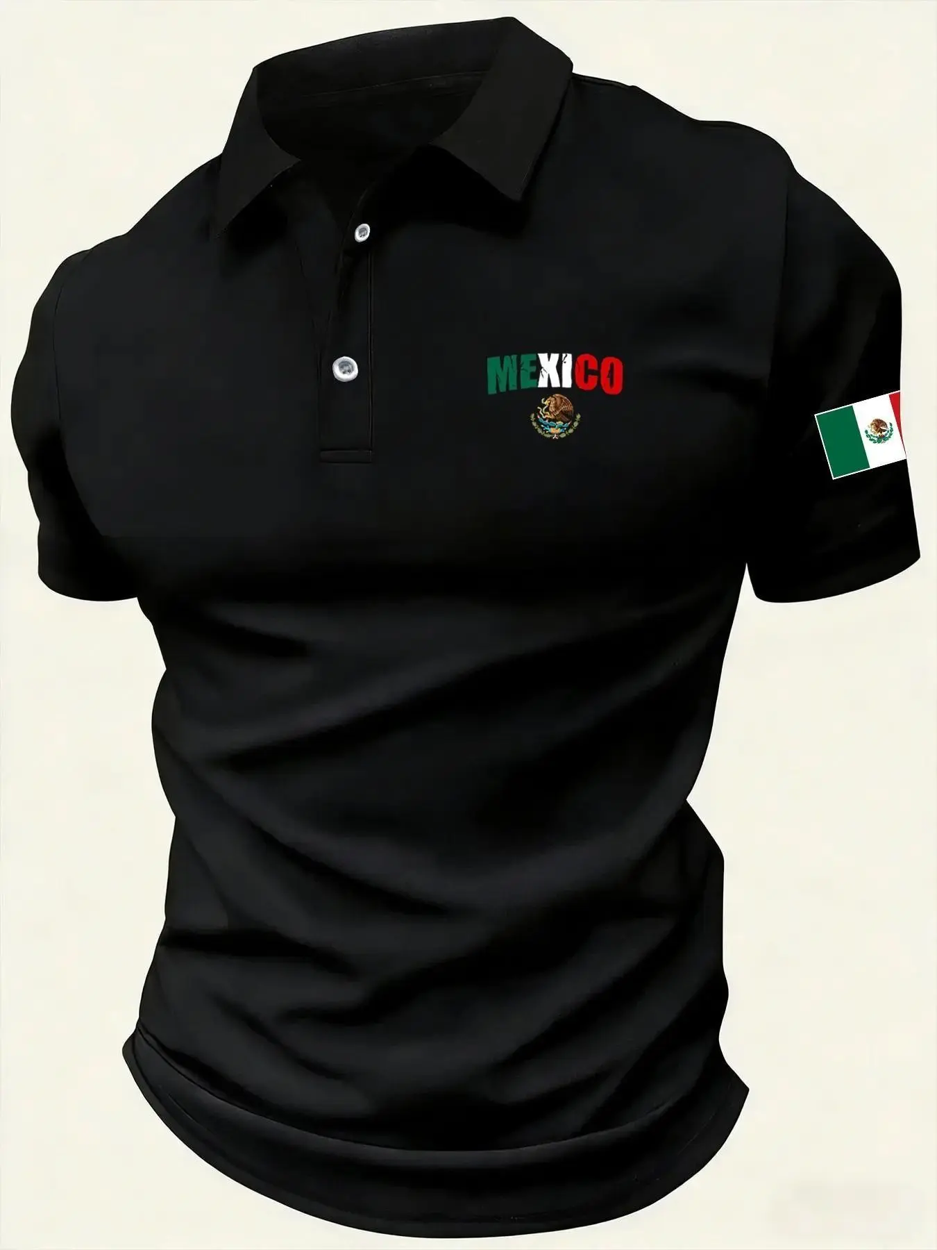 Men's Patriotic Style Mexican Flag Print Polo Shirt, Printed Polo Shirt, Casual Golf Top, Short Sleeve Graphic Top, Summer Wear, Street Style