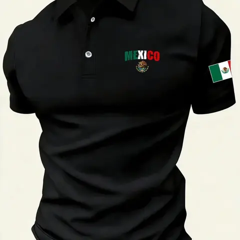 Men's Patriotic Style Mexican Flag Print Polo Shirt, Printed Polo Shirt, Casual Golf Top, Short Sleeve Graphic Top, Summer Wear, Street Style, Fashion, Menswear