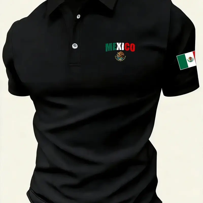 Men's Patriotic Style Mexican Flag Print Polo Shirt, Printed Polo Shirt, Casual Golf Top, Short Sleeve Graphic Top, Summer Wear, Street Style, Fashion, Menswear