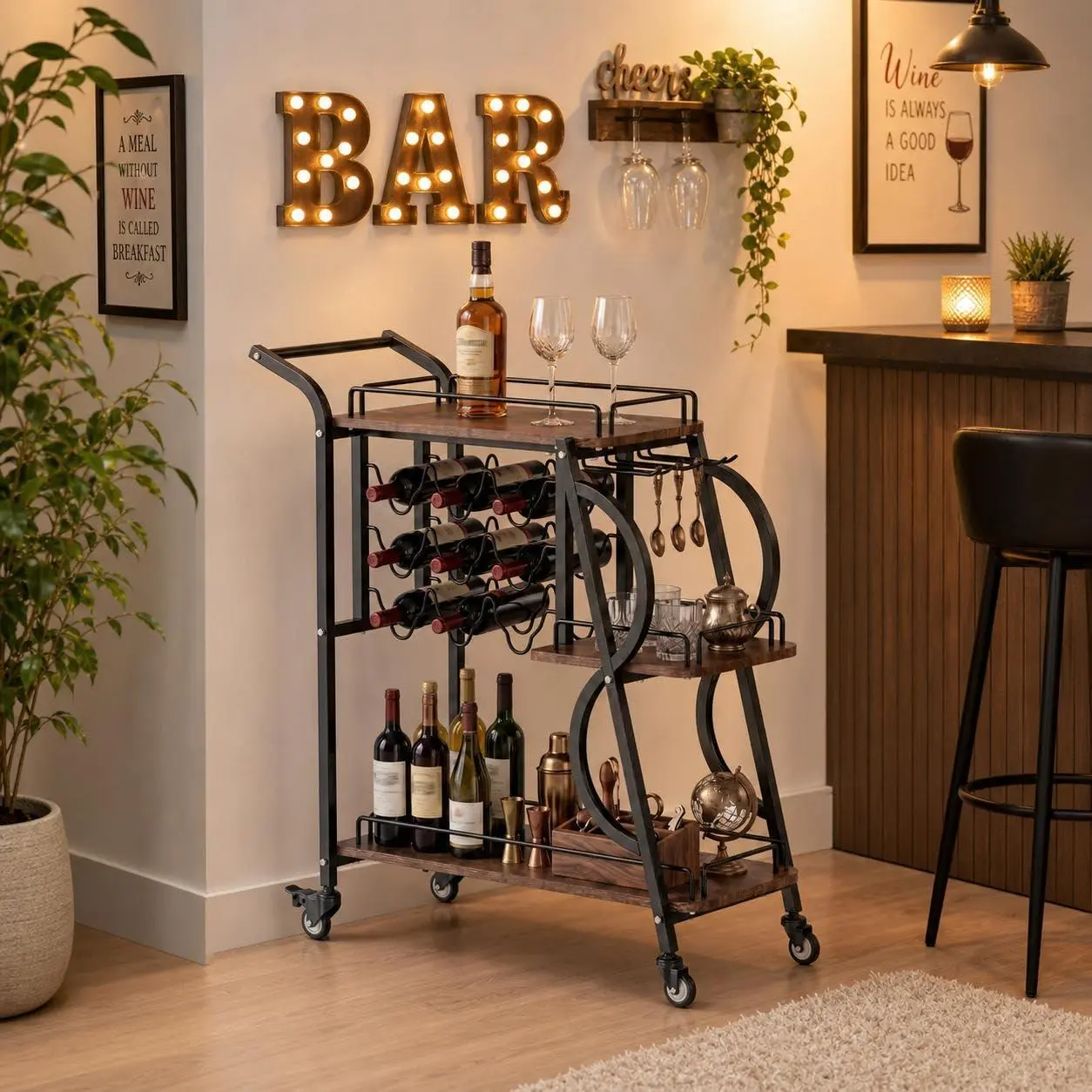 Black 3-Tier Serving Cart with Wine Rack and Glass Holder, Wood-Look Mdf, Holds 8 Wine Bottles & 9 Stemware, Lockable Wheels, Coffee/Microwave/Snack Cart
