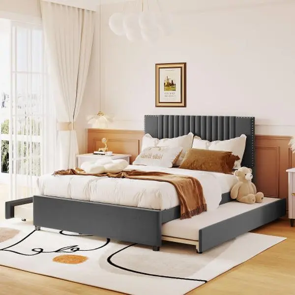 [Bellemave] Full/ Queen Size Upholstered Platform Bed with 2 Drawers and 1 Twin Size Trundle, Classic Headboard Design, Beige Size Upholstered Platform Bed with 2 Drawers and 1 Trundle, Classic Metal Strip Headboard Design