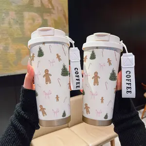 Stainless Steel Gingerbread Man Christmas Tree Bow Pattern Insulated Cup with Lanyard, Durable Leakproof Design, Ideal Gift