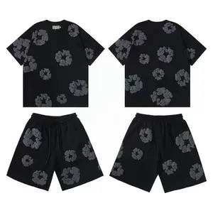 Denim Tears 2 Piece Tracksuit Set, Cotton Wreath Floral Graphic DropShoulder Hoodie & Drawstring Cuffed Sweatpants, SoftLoose Fit Black Casual Sweat Suit, Men Women ForStreetwear Daily Jogging Street Outfits
