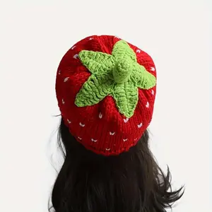 Red Strawberry Cartoon Fruit Knitted Elastic Skull Beanie for Women Ideal for Daily Use in Autumn and Winter