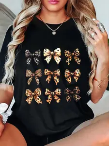 100% Cotton Unisex Cute Leopard Cheetah Print Coquette Bows Girly Ribbon Bow Round Neck Short Sleeve T-Shirt Women's Men Graphic Tee