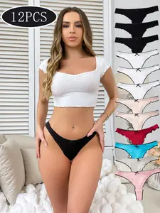 DORSU 12-Piece Women's Low-Waisted Thong with Black Bow - Sexy & Charming, Ultra Custom Cotton Elastic, Thin Strap, Invisible with Leggings, Skin-Friendly, Moisture-Wicking, Daily Commuting & Romantic Moments