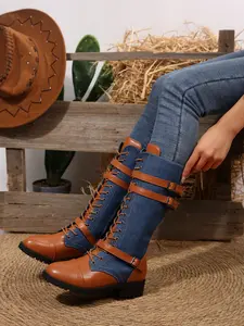 Women's Denim Patchwork High-Top Boots, Bootlace Lace Up, Metal Buckle Design, Retro Western Style, Comfortable Fashion, Perfect for Casual & Party Wear