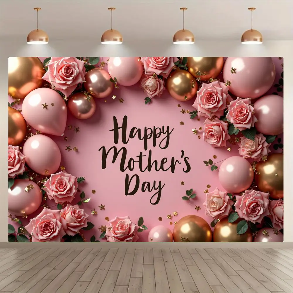 Lightweight Polyester Happy Mother's Day Party Decoration Kit - Letter Pattern Balloons, Flower Pattern Backdrop, 1 Romantic Pull Flag, Multi-Size Banners for Home Parties