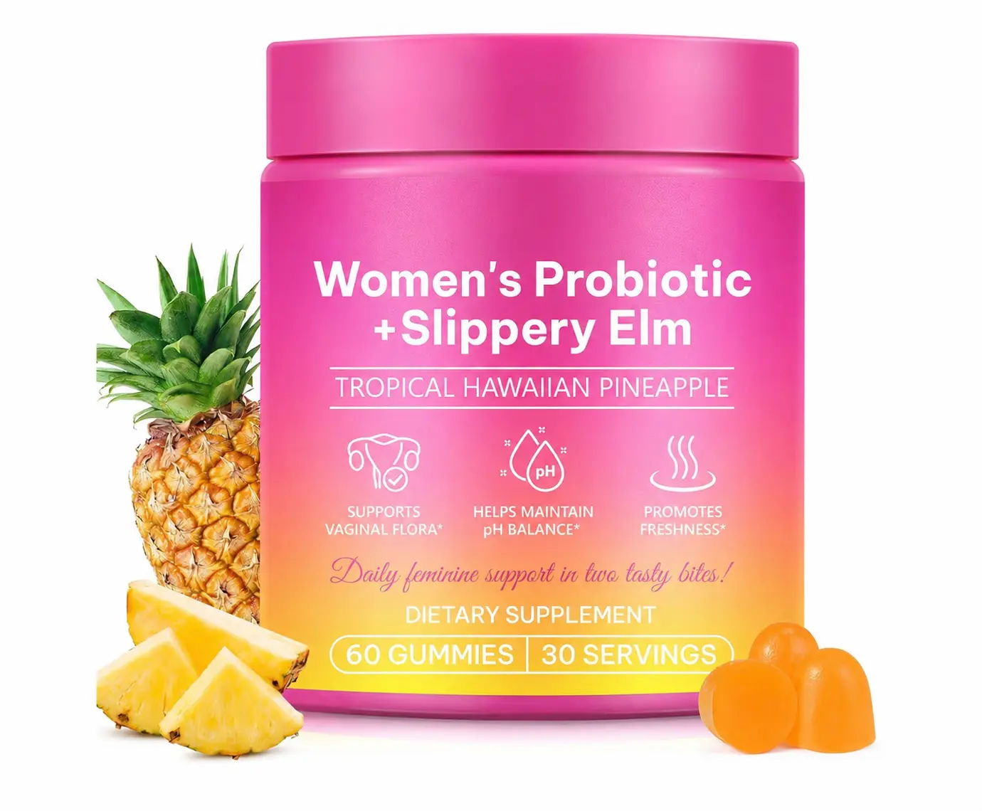 Women's Feminine Probiotics Gummies with Slippery Elm and Prebiotics&Lactobacillus Blend | Hawaiian Pineapple Flavor | 60 Gummies