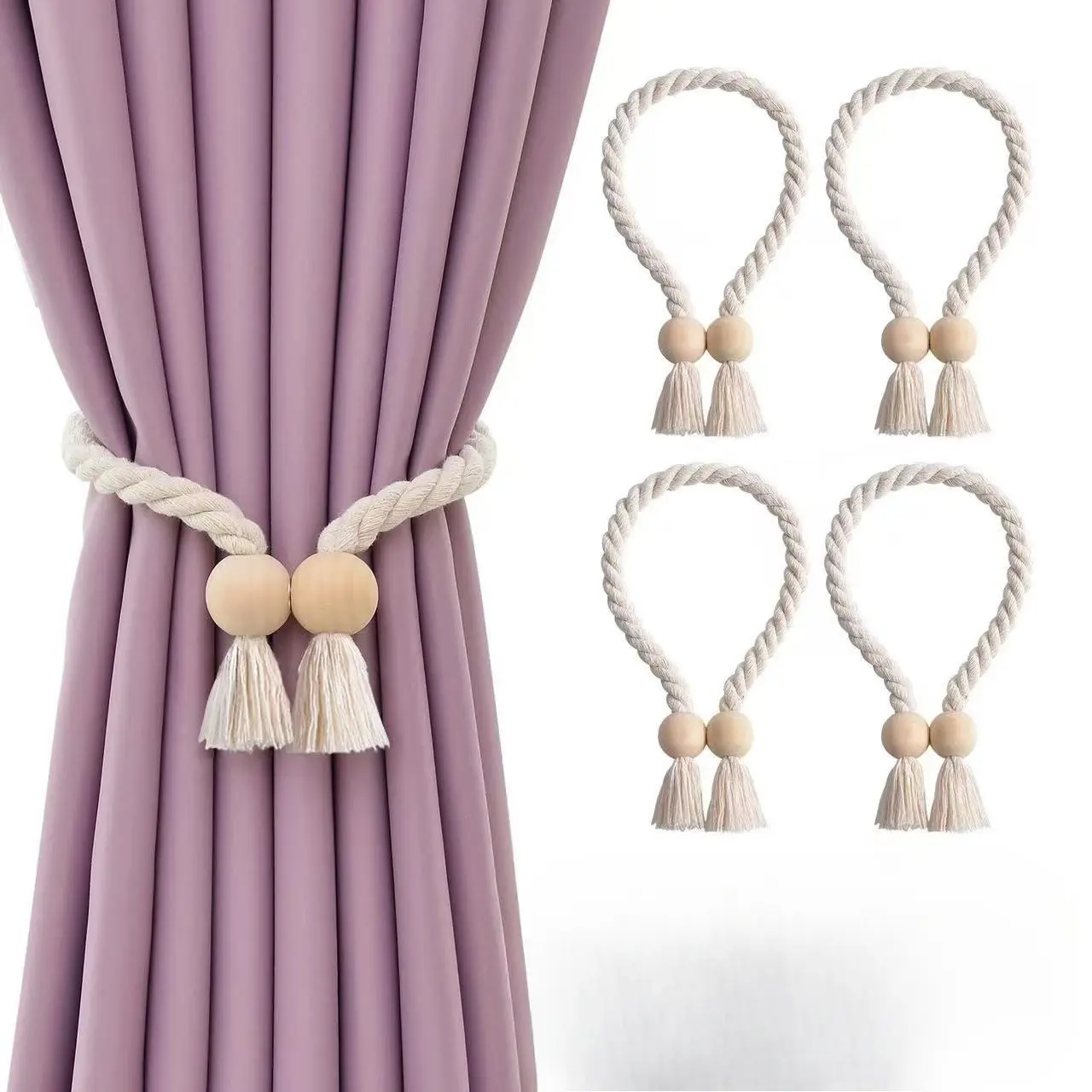 4Pcs(Beige) Hand-Woven Magnetic Wood Bead Curtain Tiebacks with Mixed Textile Cotton Rope Tassel - Durable, Strong Magnets, Adjust Length, Unique Charm Curtain Holders for Boho Bedroom, Farmhouse Decor - Tools & Hardware