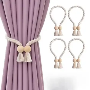 4Pcs Magnetic Wood Bead Curtain Tiebacks, Curtain Holders for Boho Bedroom, Farmhouse Decor (Beige) - Tools & Hardware.