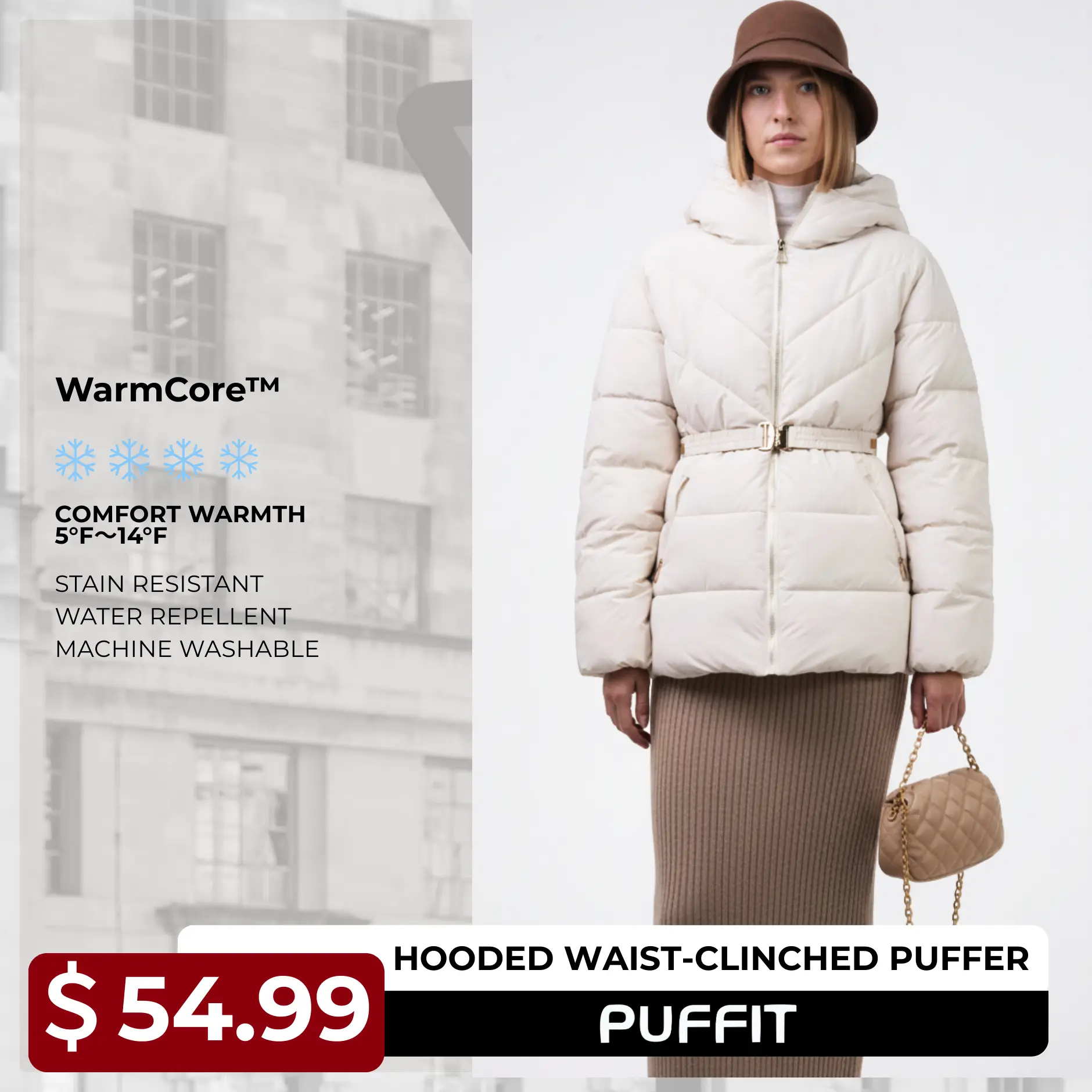 PUFFIT WarmCore Premium Hooded Waist-Cinched PUFFER Waist-Cinched Design,Adjustable Waist Loops,Tailored Slim Fit with Structured Cut,High Collar Design,Pillow-like Softness,Multiple Layers of Warmth and Protection,Winter Energy,Sense of Elegance