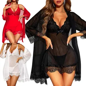 Women Wine Lace Chemise Nightdress with Matching Robe
