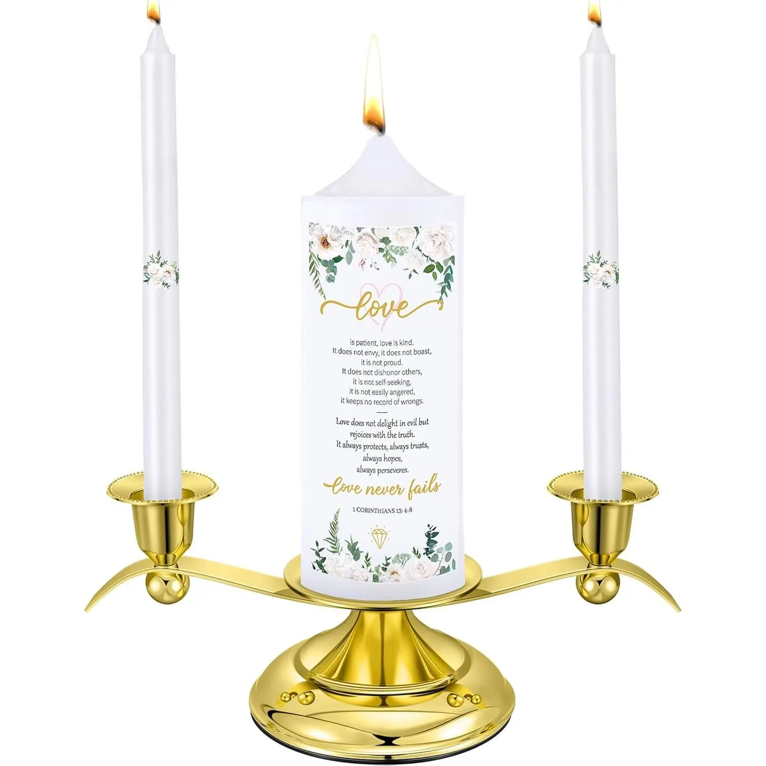 3 Unity Floral Candles for Wedding Ceremony Set with Golden Holder White Pillar and Taper Candles Religious Wedding Catholic Anniversary Big Events Gifts for Couple