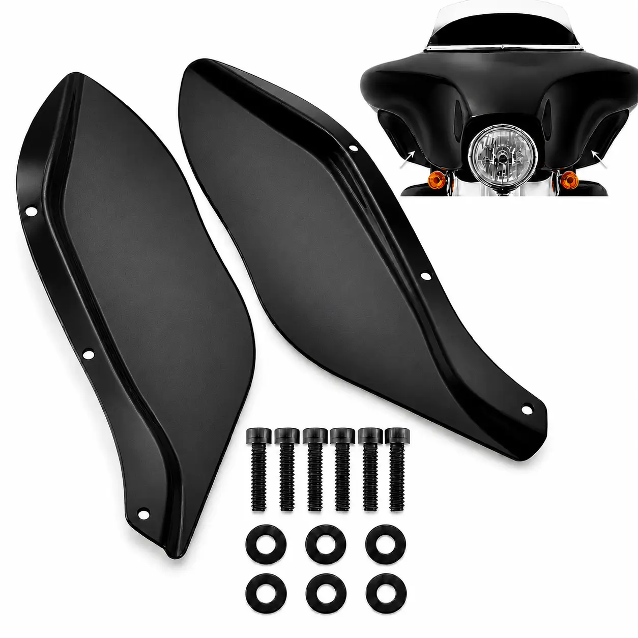 Brand New Aftermarket ABS Black Side Fairing Air Wind Deflectors (1 Pair) - Screw-On Installation with Mounting Hardware Included, Redirects Side Airflow, for 1996-2013 Harley Touring Models, Electra Glide, Street Glide, FLHT, FLHX, Helps Redirect Side Ai