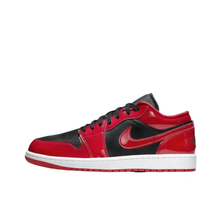 hip hop low skate trainers bright red black mixed color retro white flat sole shiny patent leather upper brand new unopened original packaging shoe box fashion lifestyle sneakers