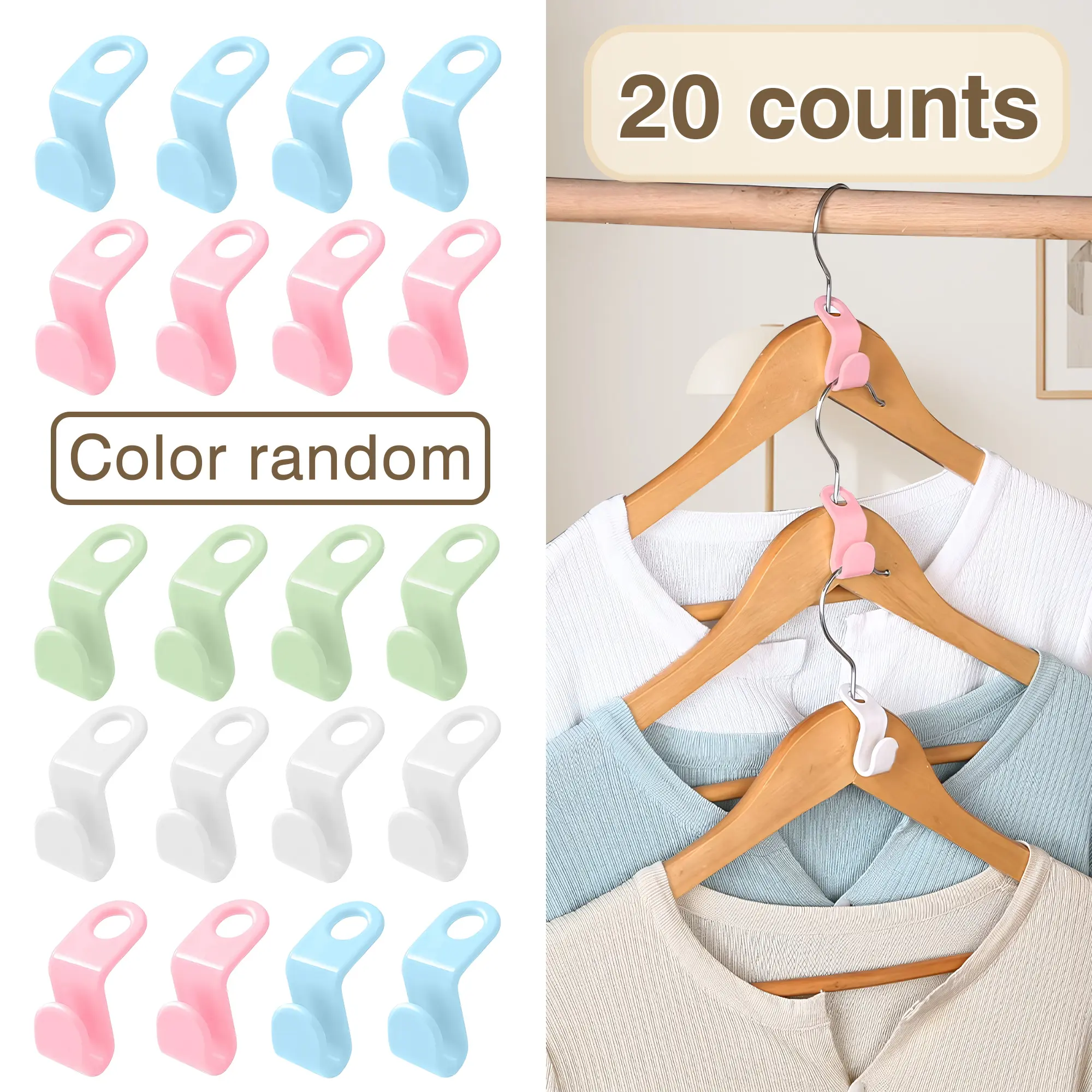 Clothes Hanger Connector Hooks Organiser Clips - 20-Count Bulk Pack, 0.35in Diameter Sturdy Premium Plastic, Standard Holes, 20lb/9kg Capacity Wardrobe Space Saver (Random Color)