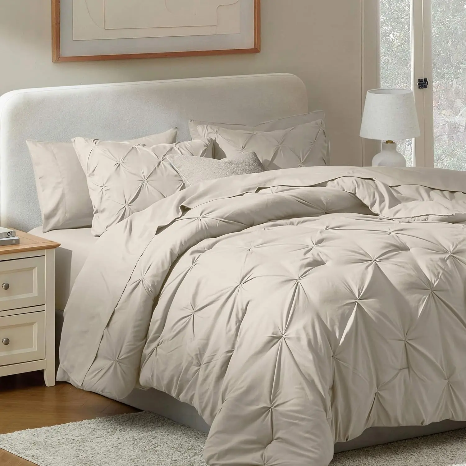 Nestl 9 Piece Luxury Soft Pintuck Comforter Set – Pinch Pleated Bed in a Bag Complete Bedding Set with Sheets, Comforter, Duvet Cover, Set of 2 Cooling Pillows, Pillowcases and Shams